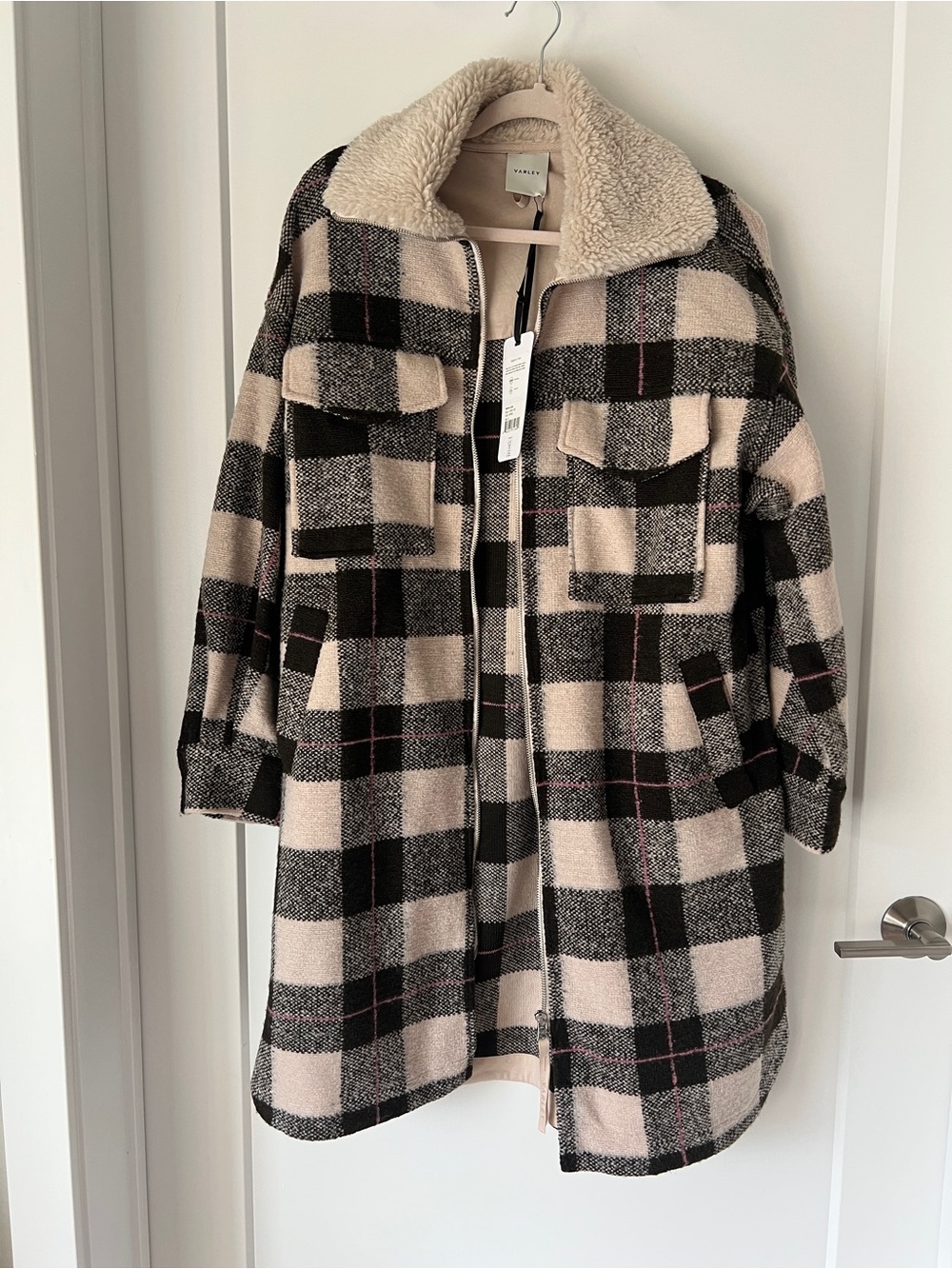 Varley Harlow Coat, Plaid Teddy-Trim Coat in Beige, Black, & Pink Accent - NWT!!